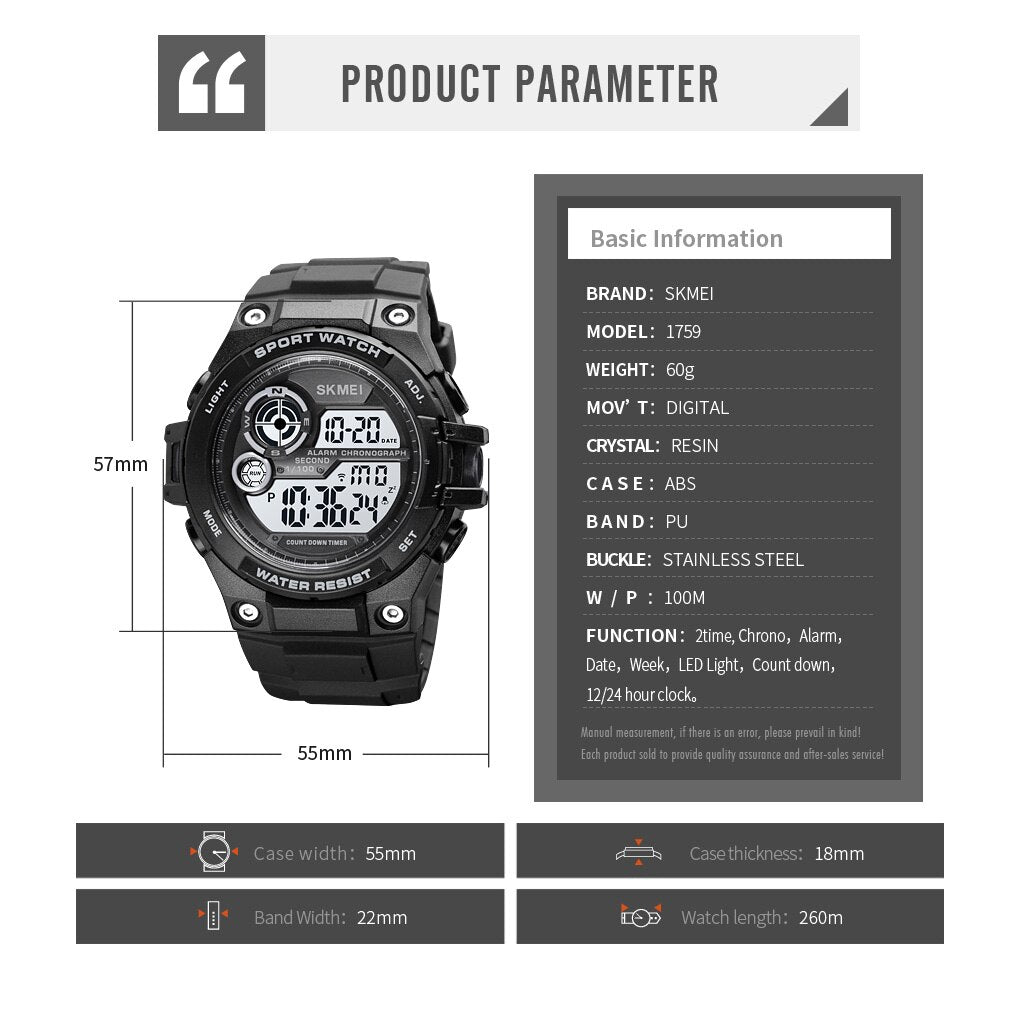SKMEI 1759 New Sport Watches 100M Waterproof Digital Watch Fashion Countdown Chrono Clock Men Casual LED