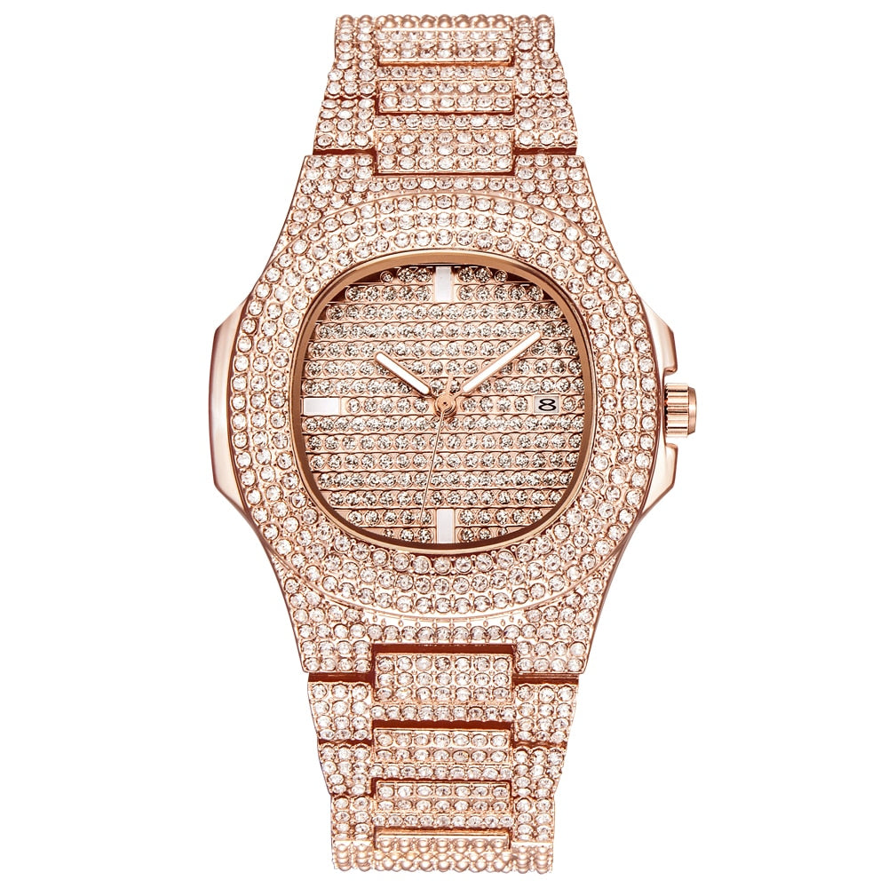 Mens Watches Fashion Luxury Diamond Brand Date Quartz Watch Men Gold Stainless Steel Business Watch Montres de Marque de Luxe