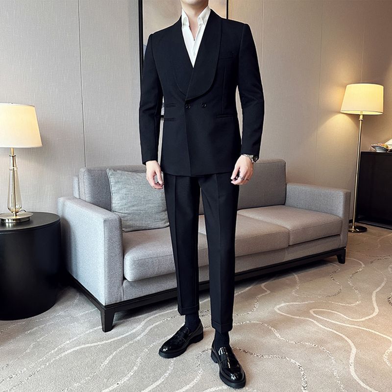 Suit Men's Double Breasted Green Collar Casual