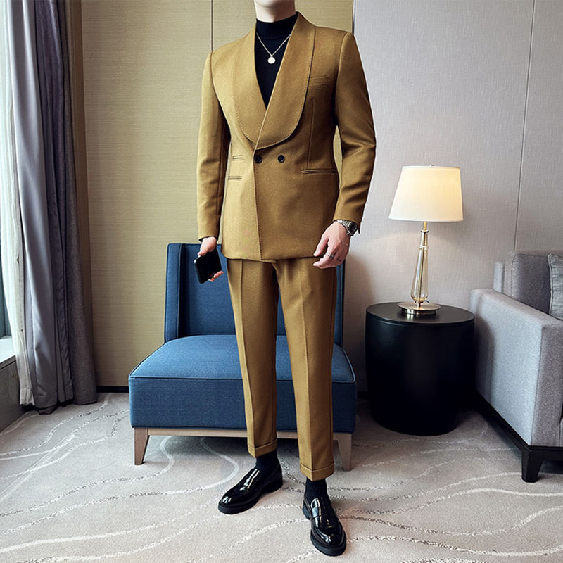 Suit Men's Double Breasted Green Collar Casual