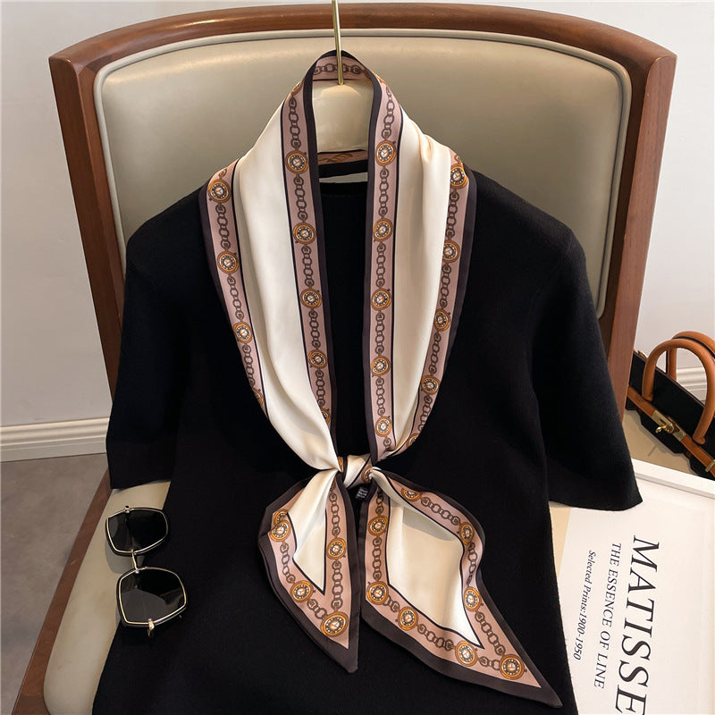 Thin Narrow Long Shirt Scarf Houndstooth Design Double Layer Imitated Silk Scarves Women's Hair Tie