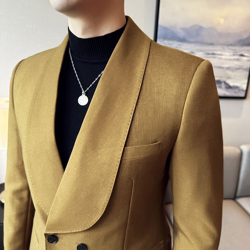 Suit Men's Double Breasted Green Collar Casual