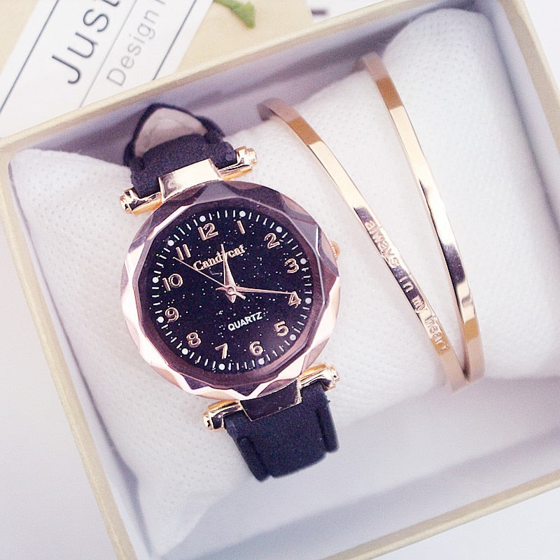 Quartz Wristwatches Fashion Starry Sky Women Watches Leather Ladies Bracelet Watch