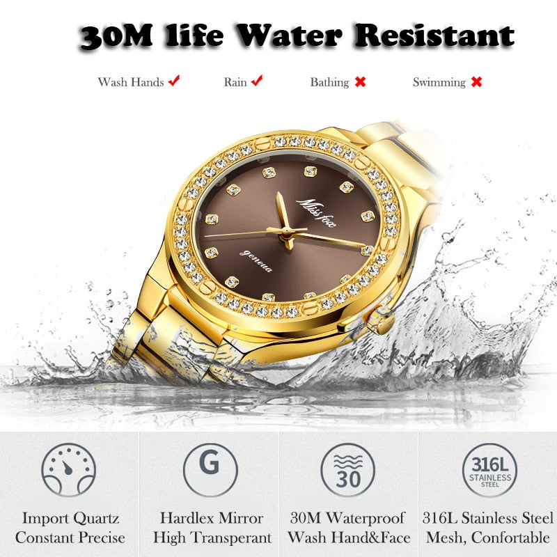 MISSFOX 2742 Elegant Woman Watch Luxury Brand Female Wristwatch Japan Movt 30M Waterproof Gold Expensive Analog Geneva