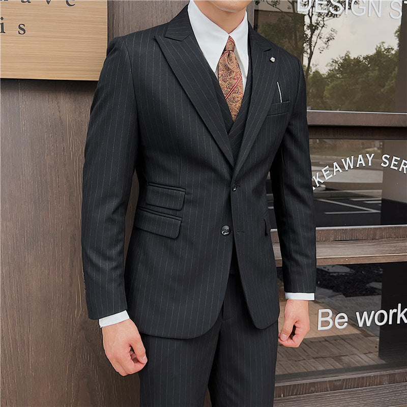 Men's British Slim-fitting Double Button Striped Suit Three-piece Suit