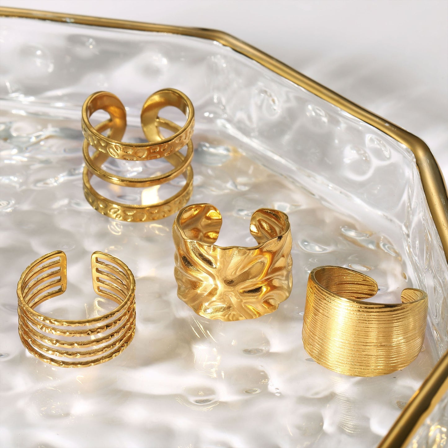 Stainless Steel Vacuum Plating 18K Gold Multi-layer Multi-point Curved Personality Ring