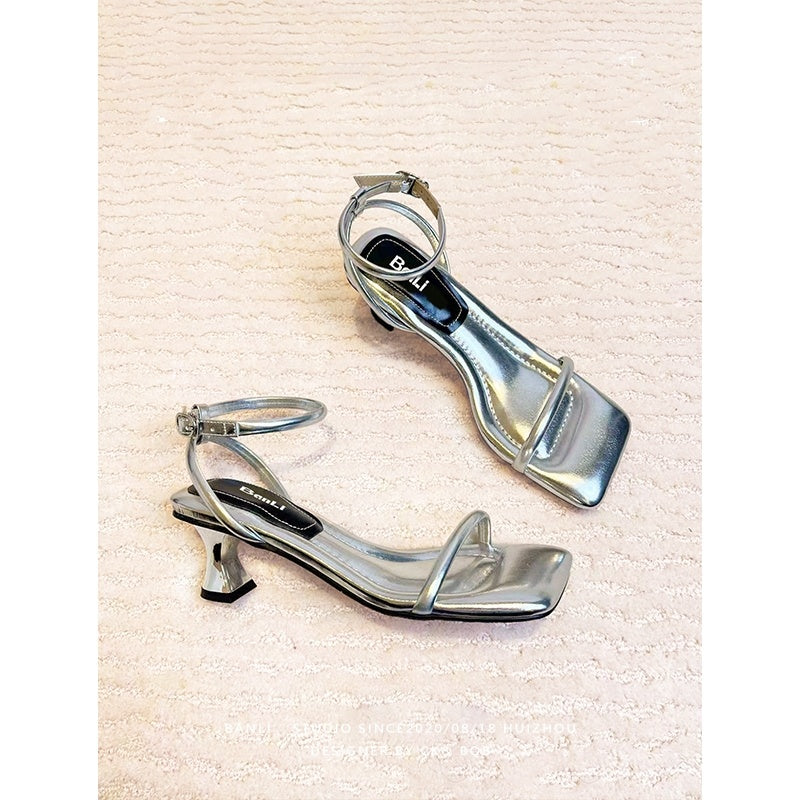 One-strap High Heels Square Toe Black Niche High-end Shit-stepping Sandals
