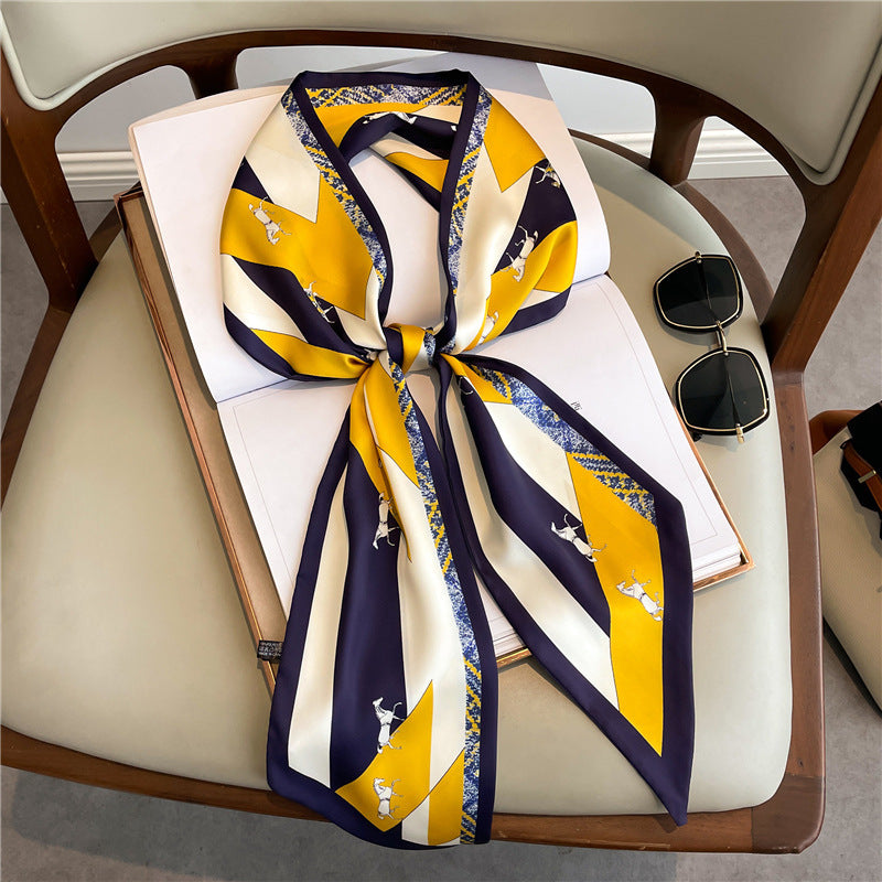Thin Narrow Long Shirt Scarf Houndstooth Design Double Layer Imitated Silk Scarves Women's Hair Tie
