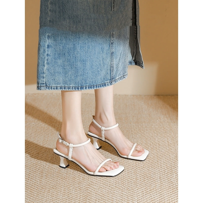 One-strap High Heels Square Toe Black Niche High-end Shit-stepping Sandals