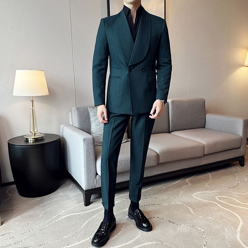 Suit Men's Double Breasted Green Collar Casual