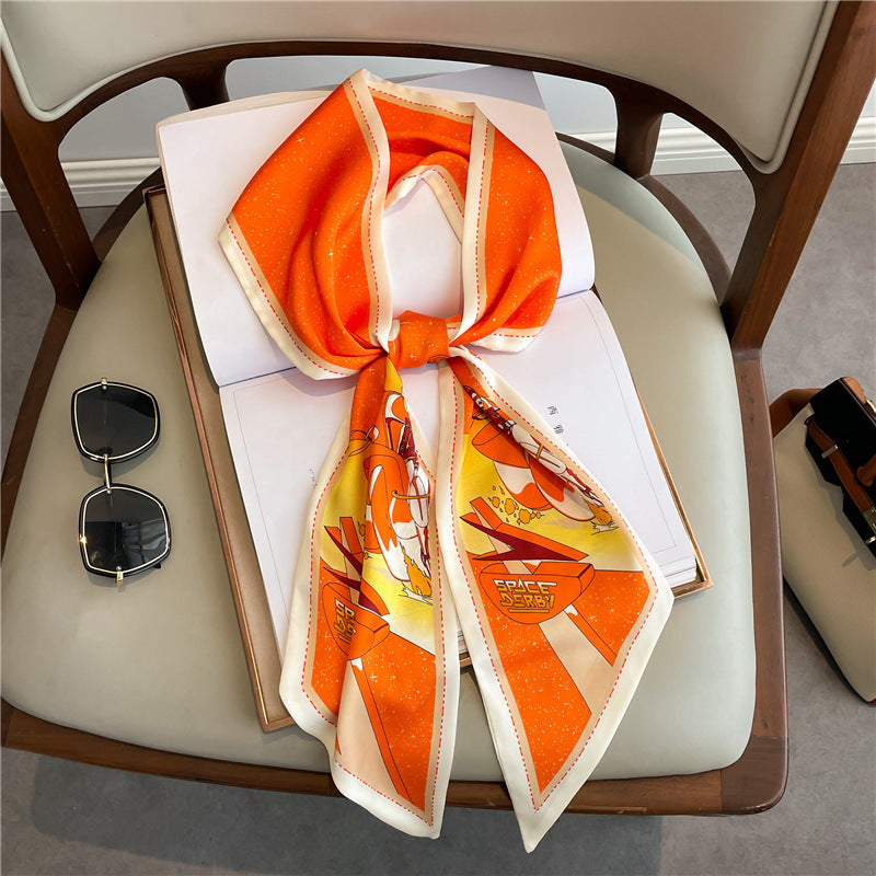 Thin Narrow Long Shirt Scarf Houndstooth Design Double Layer Imitated Silk Scarves Women's Hair Tie