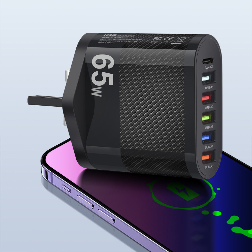Standard 65W 5USB+Type-C mobile phone charger with multi interface charging head