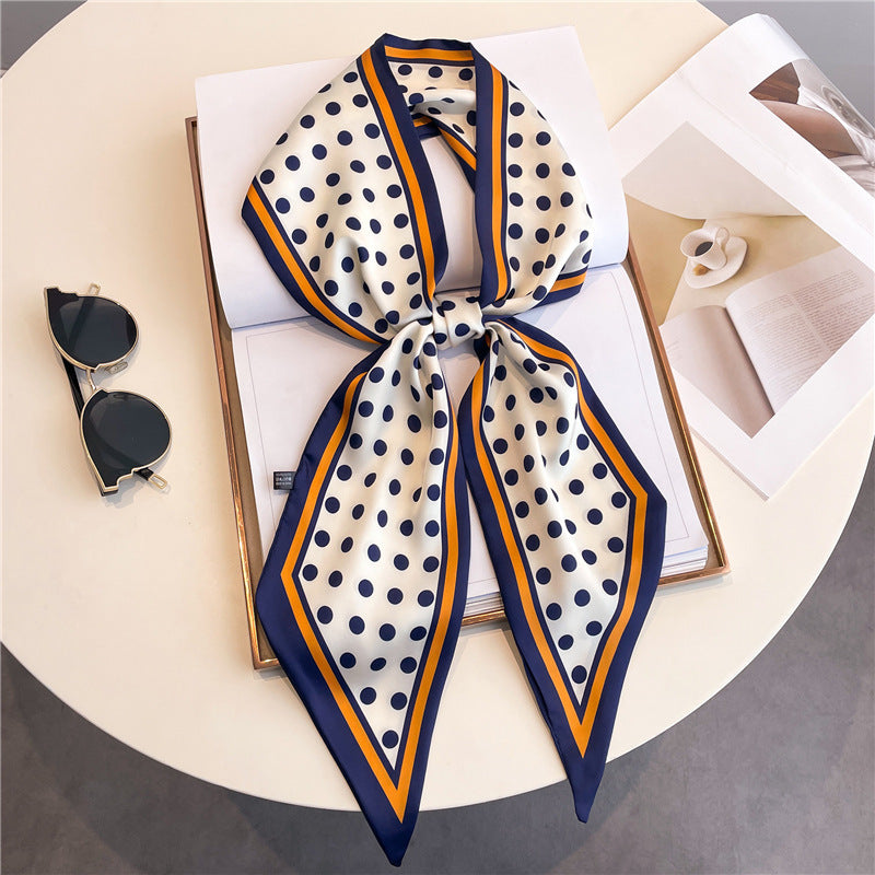 Thin Narrow Long Shirt Scarf Houndstooth Design Double Layer Imitated Silk Scarves Women's Hair Tie