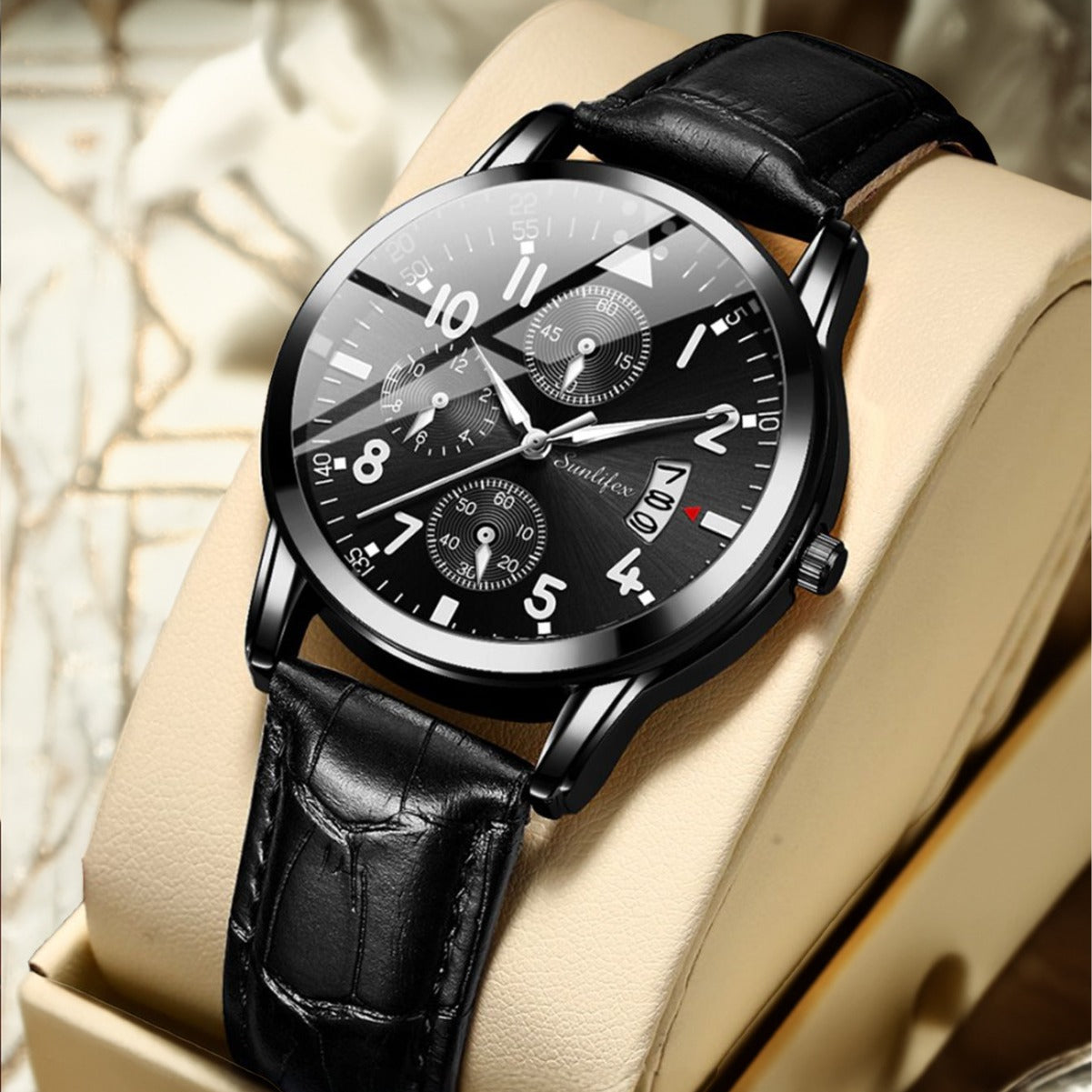Men's Watch Student Men's Night Light Waterproof Sports Leather Strap Black