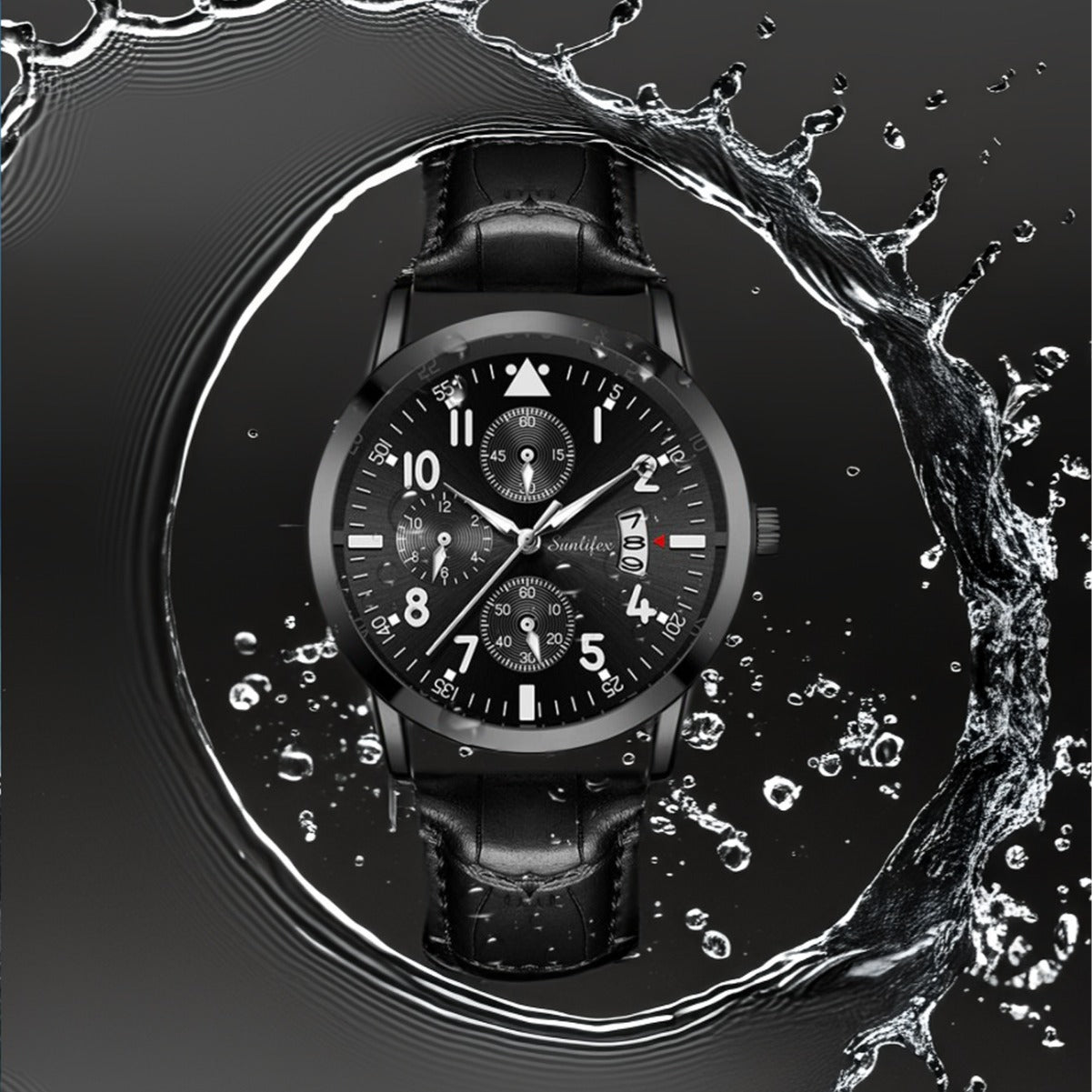 Men's Watch Student Men's Night Light Waterproof Sports Leather Strap Black