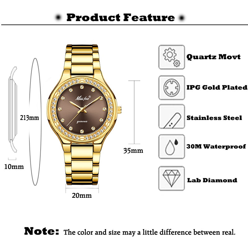 MISSFOX 2742 Elegant Woman Watch Luxury Brand Female Wristwatch Japan Movt 30M Waterproof Gold Expensive Analog Geneva