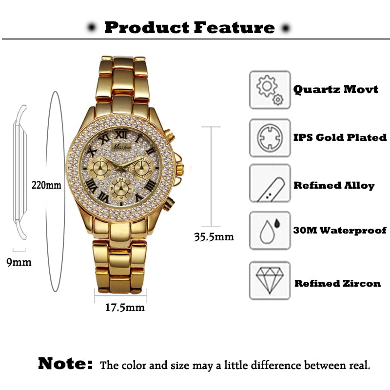 MISSFOX 1846 Women Watches Luxury Watch Women Fashion Fake Chronograph Roman Numerals 18K Gold Ladies Watches Quartz Wristwatch
