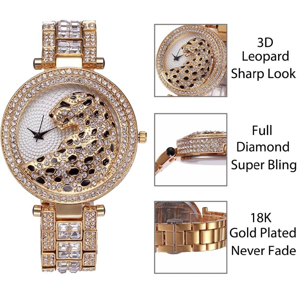 MISSFOX V227 Women Quartz Watch Fashion Bling Casual Ladies Watch Female Quartz Gold Watch Crystal Diamond Leopard For Women Clock