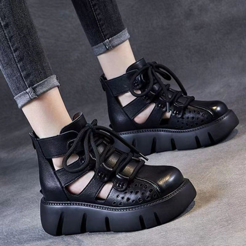 Women's Platform Sandals All-matching Hollow Hole Hole Shoes Fashion Soft Leather Cowhide Sandal Boots