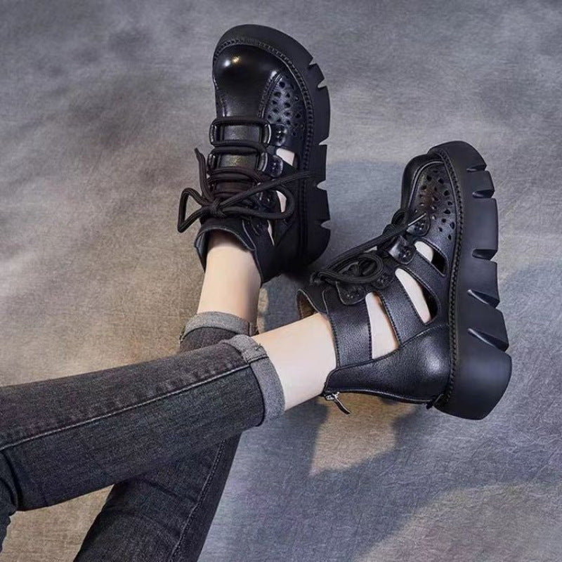 Women's Platform Sandals All-matching Hollow Hole Hole Shoes Fashion Soft Leather Cowhide Sandal Boots