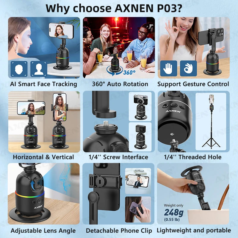 Smart Auto Face Tracking Desktop AI Gimbal for Smartphone & Action Camera 360 Rotation Follow