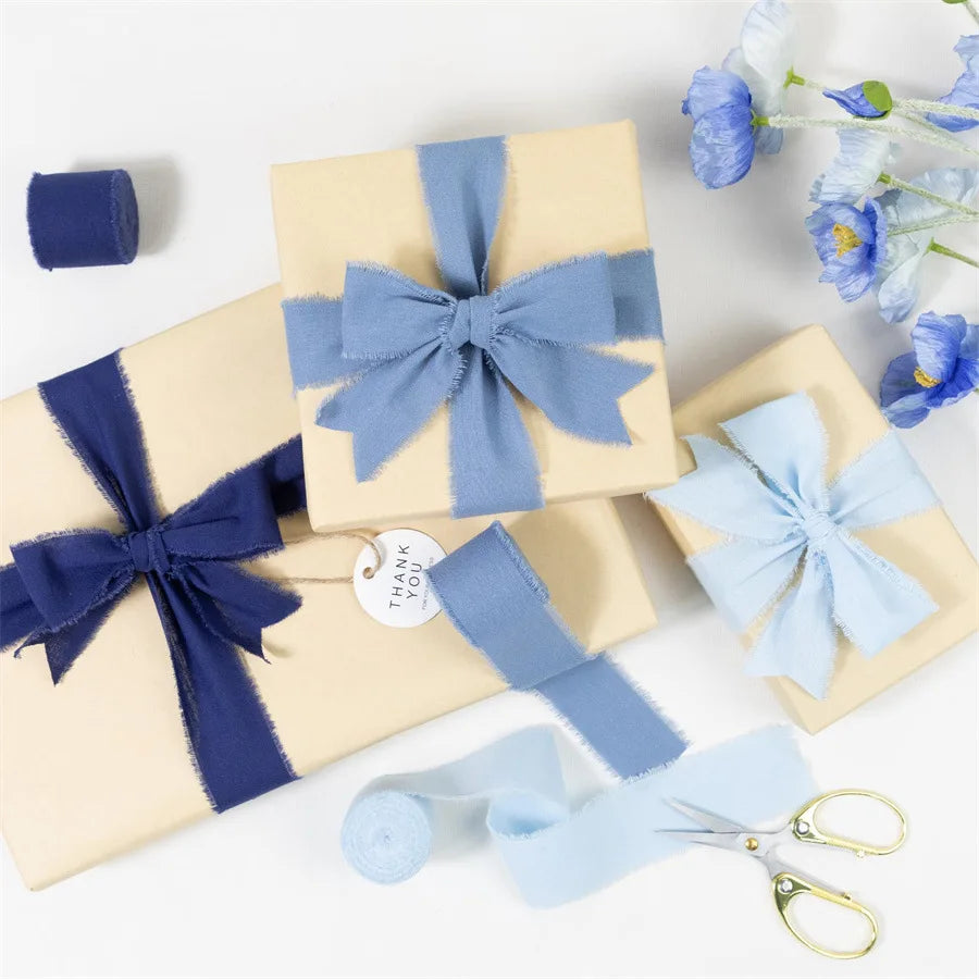 1 Roll 5yards*4cm Frayed Edged Satin Handmade Cotton Linen Ribbon For Wedding Invitation Bouquets Birthday Party DIY Decoration