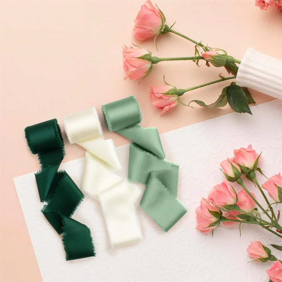 1 Roll 5 yards Frayed Edged Satin Handmade Smooth Soft Ribbon For Wedding Invitation Bouquets Birthday Party DIY Decoration Gift