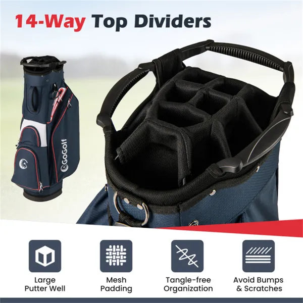 14-Way Golf Cart Bag - 6 Zippered Pockets+Cooler Pocket, Waterproof Zippers, Navy + Red