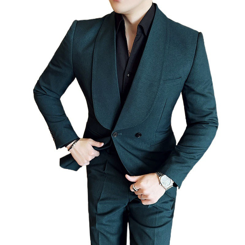 Suit Men's Double Breasted Green Collar Casual