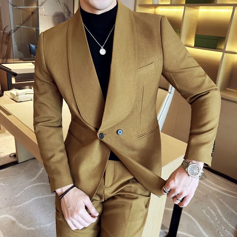 Suit Men's Double Breasted Green Collar Casual