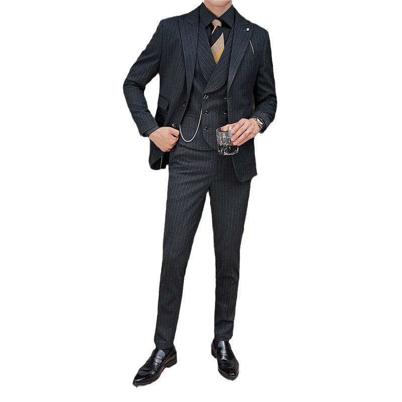 Men's British Slim-fitting Double Button Striped Suit Three-piece Suit
