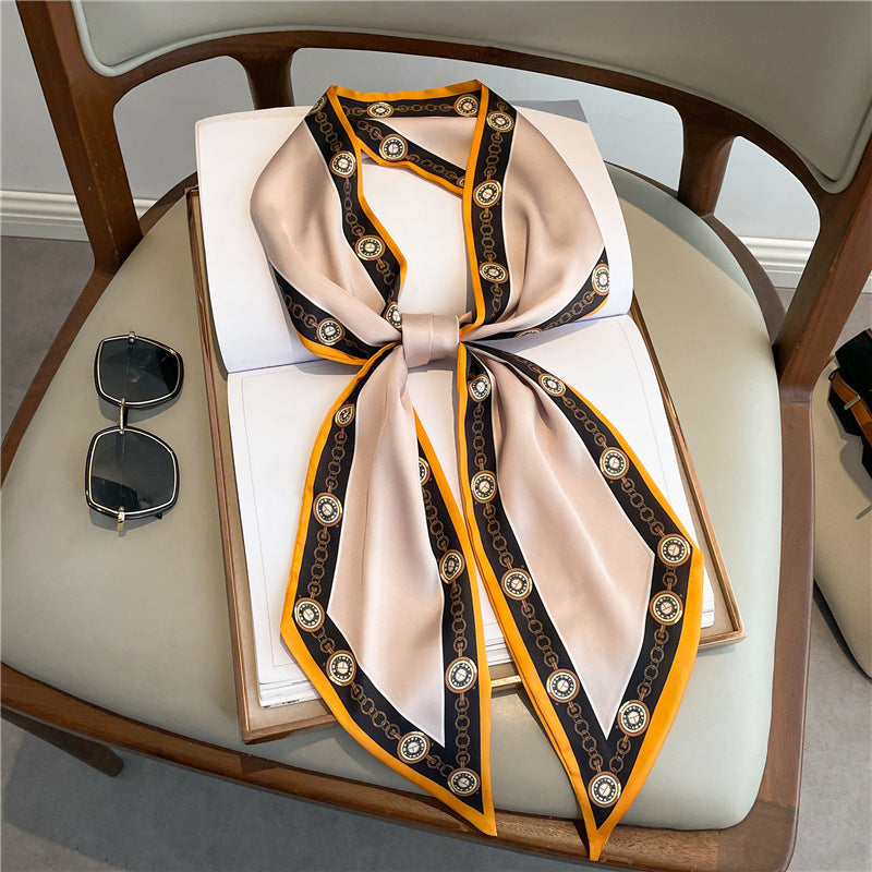 Thin Narrow Long Shirt Scarf Houndstooth Design Double Layer Imitated Silk Scarves Women's Hair Tie