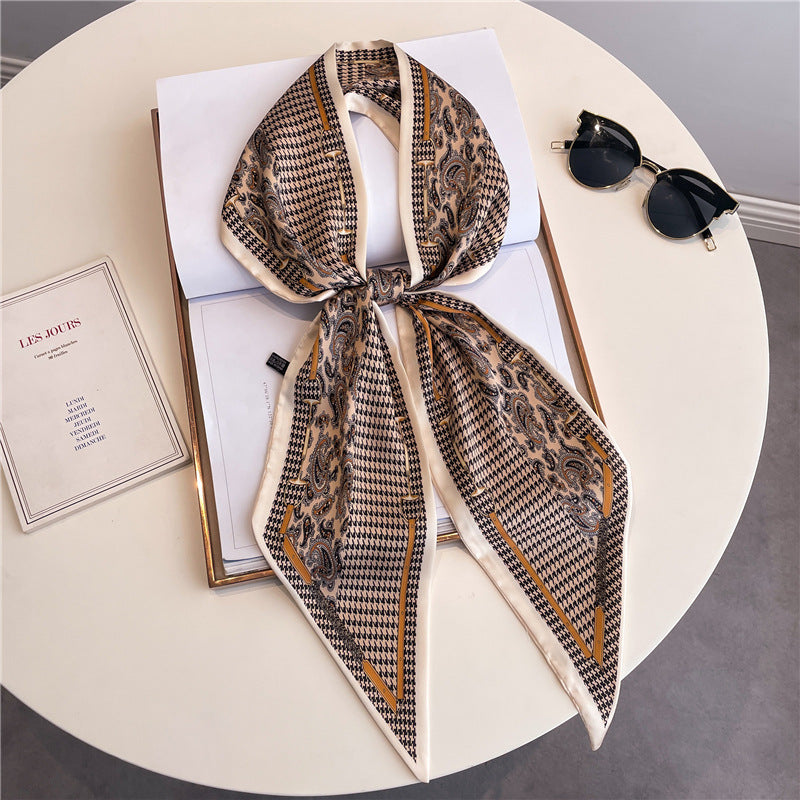 Thin Narrow Long Shirt Scarf Houndstooth Design Double Layer Imitated Silk Scarves Women's Hair Tie