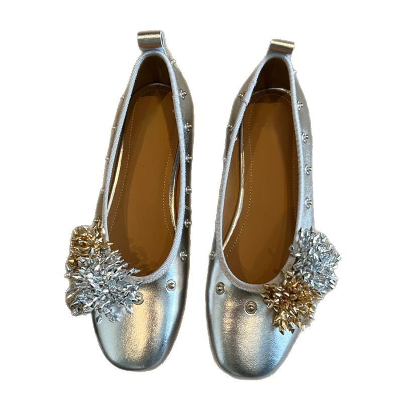 Diy Flower Rivet Mary Jane Shoes Shallow Mouth Flat Bottom
