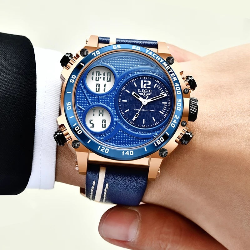 Lige Business Electronic Watch Dual Display Multi Function Low Cost Watch Men's Sports Waterproof