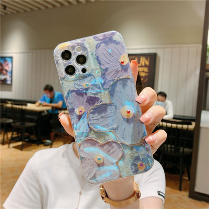Oil Painting Purple Blue Daisy Flowers Suitable For Apple 8plus/13 Mobile Phone Cover Flash Drill iPhone 12ProMax Soft 11