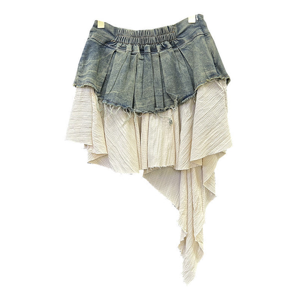 Retro Patchwork Denim Pleated Skirt