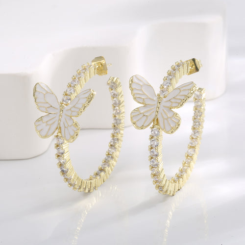 Xin Decoration White Butterfly Earrings Circle Micro Inlaid Zircon