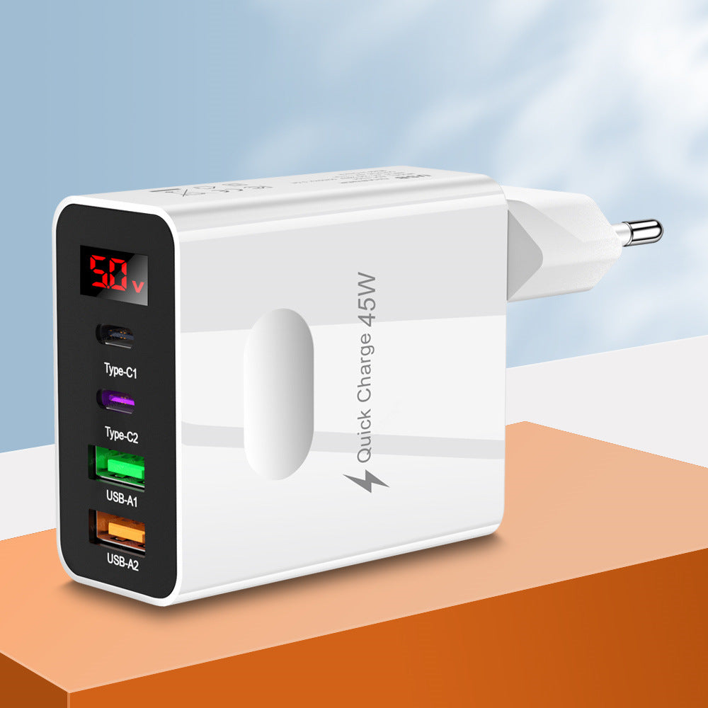 Digital display 2USB+2Type-c digital display mobile phone charger, multi port charging head, European, American and British standard plug