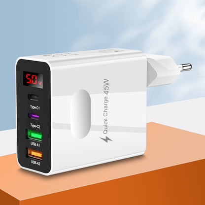 Digital display 2USB+2Type-c digital display mobile phone charger, multi port charging head, European, American and British standard plug