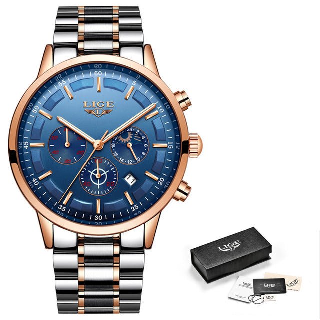 LIGE  Quartz Clock Mens Watches Top Brand Luxury Business Waterproof