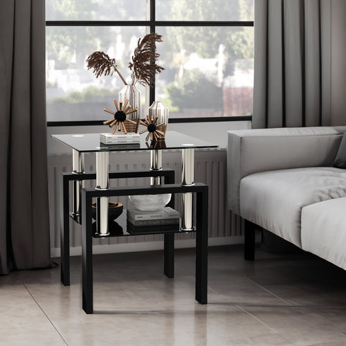 1-Piece Modern Tempered Glass Tea Table Coffee Table End Table, Square Table for Living Room, Black