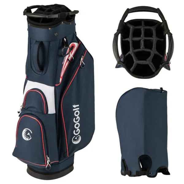 14-Way Golf Cart Bag - 6 Zippered Pockets+Cooler Pocket, Waterproof Zippers, Navy + Red