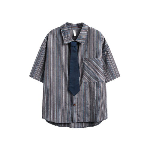 Japanese-style Retro Vertical Striped Casual Short-sleeved Shirt Men