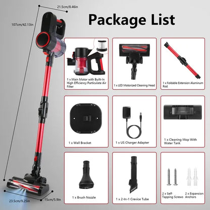Cordless Vacuum Cleaner Lightweight Handheld Vacuum Upright Stick Floor Vacuum Battery Powered Mop With Lighting 2 Speeds 12000PA Suction 4 Tools Mount Bracket 180° Foldable