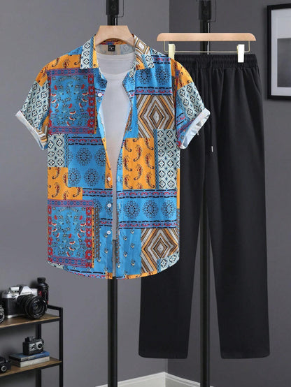 Casual Ethnic Style Short Sleeve Shirt Trousers Suit