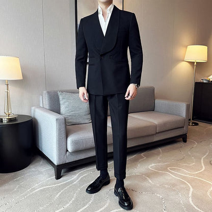 Suit Men's Double Breasted Green Collar  Casual