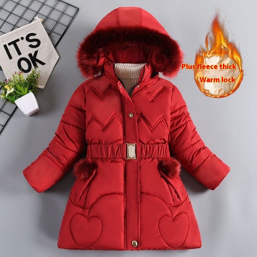 Girls' Mid-length Fleece-lined Thickened Cotton Coat