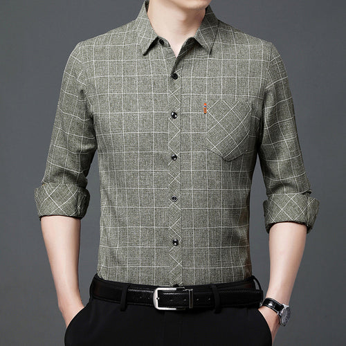 Linen-like Plaid Long-sleeved Shirt For Middle-aged Men