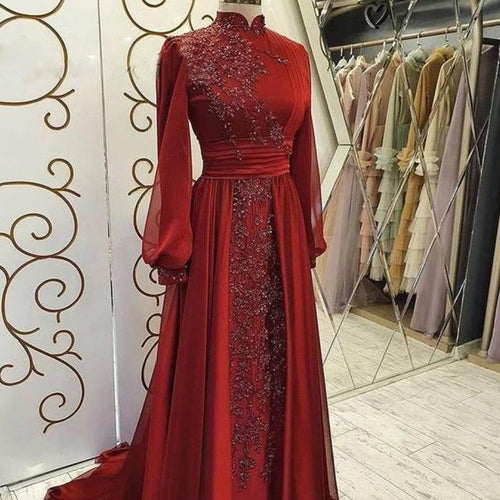 Stand Collar Luxury Long Sleeve Evening Dress